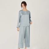 Women Loose Silk Sleepwear 100% Silk Pajama Set Haze Blue XS
