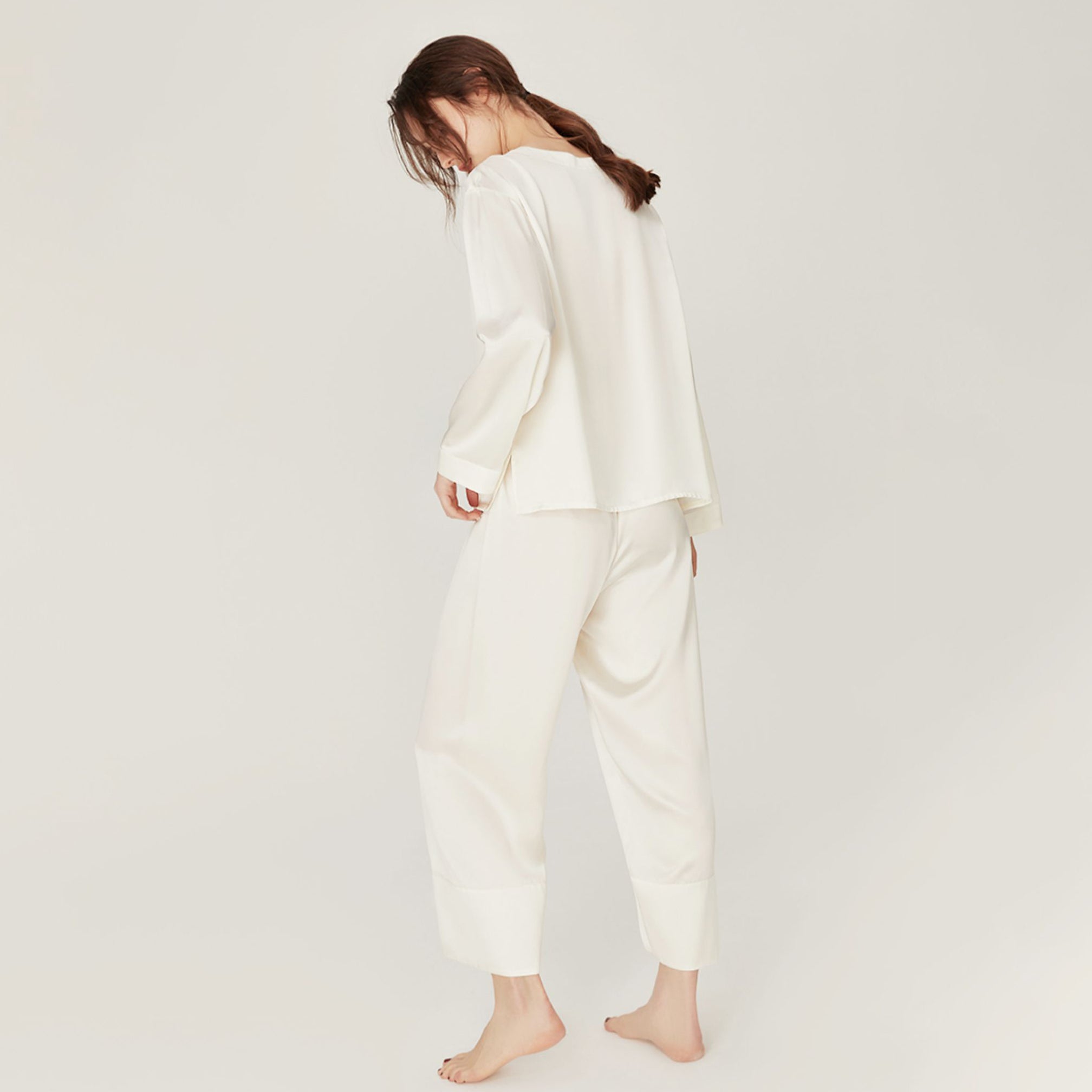 Women Loose Silk Sleepwear 100% Silk Pajama Set Ivory XS