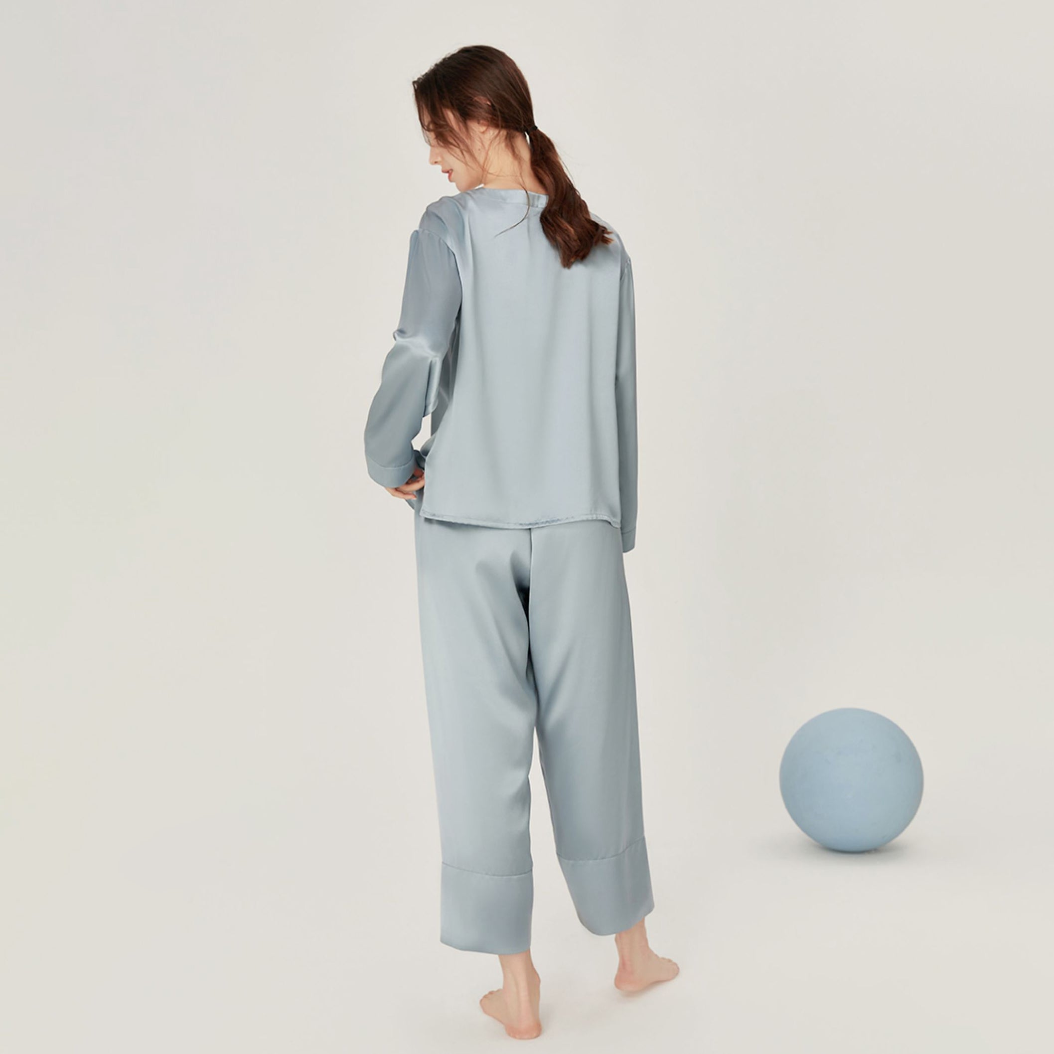 Women Loose Silk Sleepwear 100% Silk Pajama Set Haze Blue XS