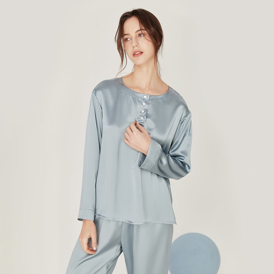 Women Loose Silk Sleepwear 100% Silk Pajama Set Haze Blue XS