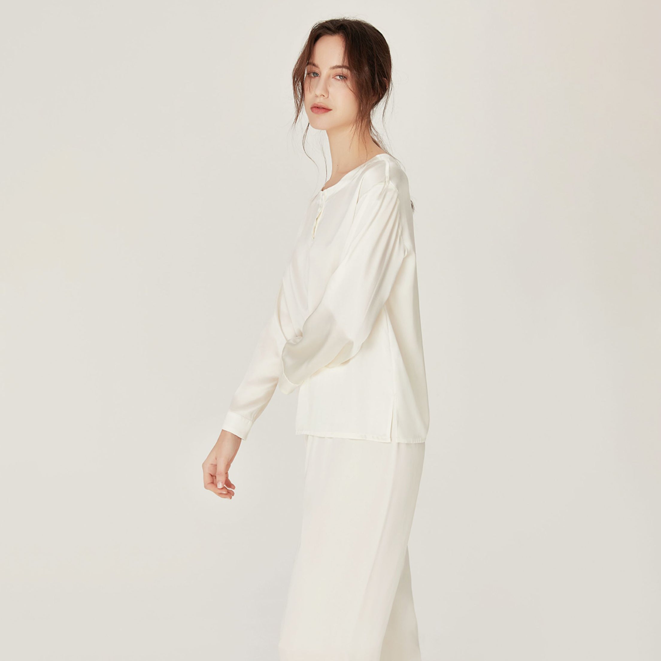 Women Loose Silk Sleepwear 100% Silk Pajama Set Ivory XS