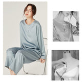 Women Loose Silk Sleepwear 100% Silk Pajama Set Haze Blue XS
