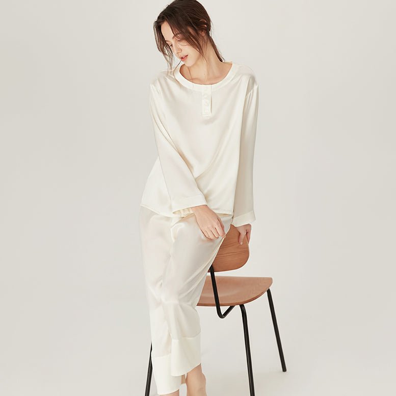 Women Loose Silk Sleepwear 100% Silk Pajama Set Ivory XS
