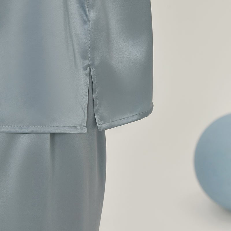 Women Loose Silk Sleepwear 100% Silk Pajama Set Haze Blue XS