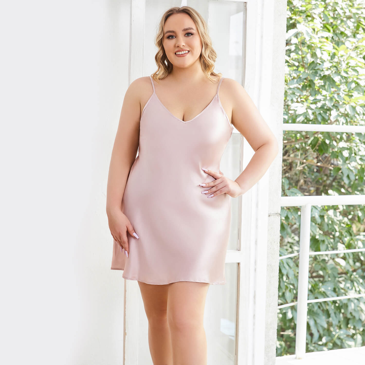 Women Plus Size Silk Nightgown V Neck Strap Silk Nighties Rosy Pink XS