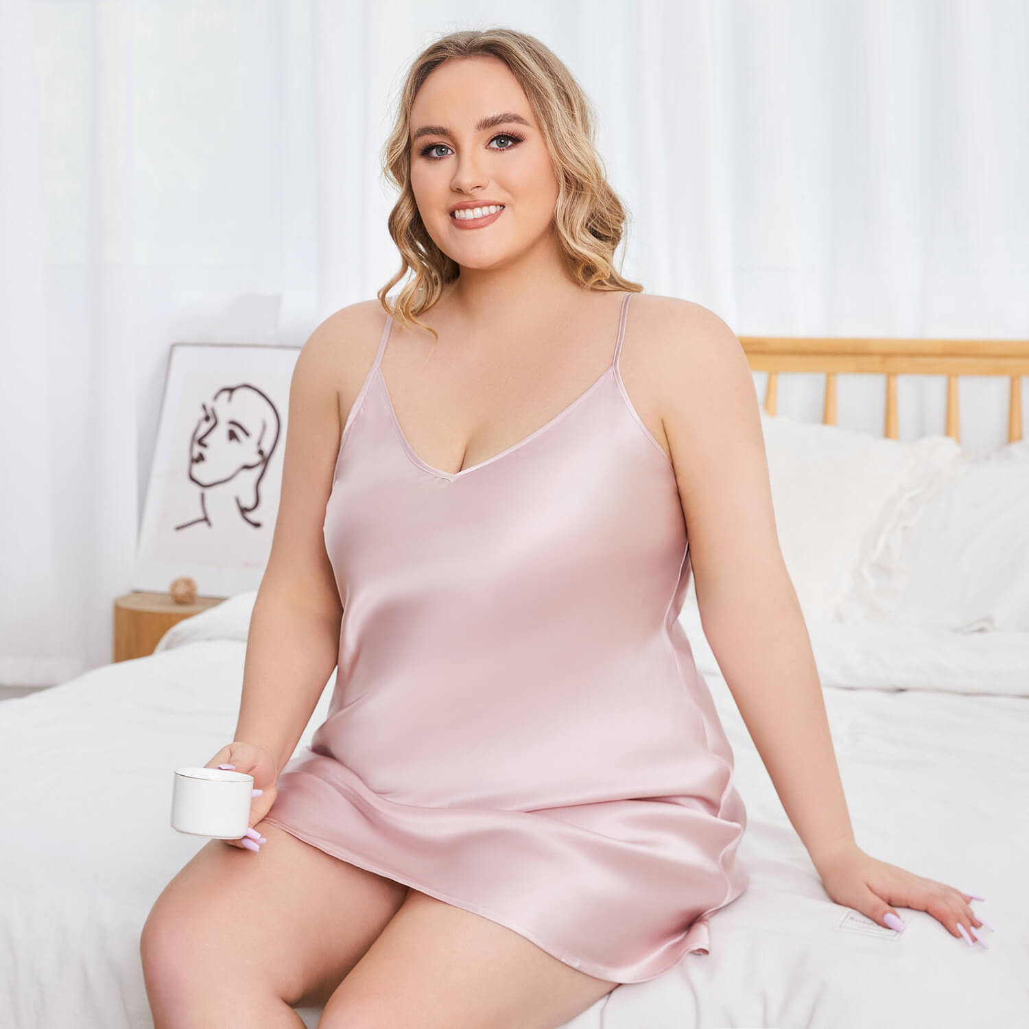 Women Plus Size Silk Nightgown V Neck Strap Silk Nighties Rosy Pink XS