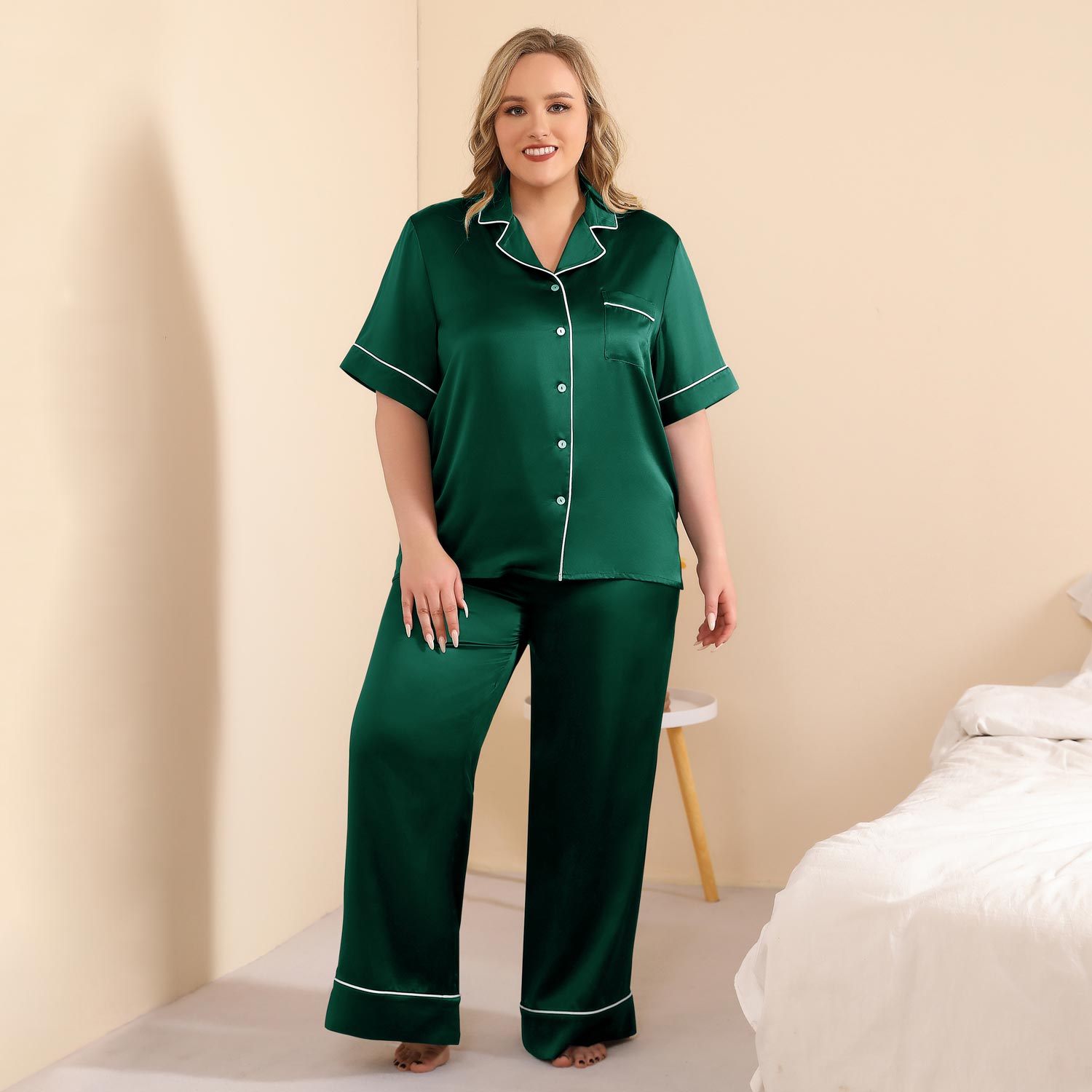 Women Plus Size Silk Pajama Set 100% Washable Silk Pjs Green 1X