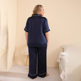 Women Plus Size Silk Pajama Set 100% Washable Silk Pjs Navy Blue 1X
