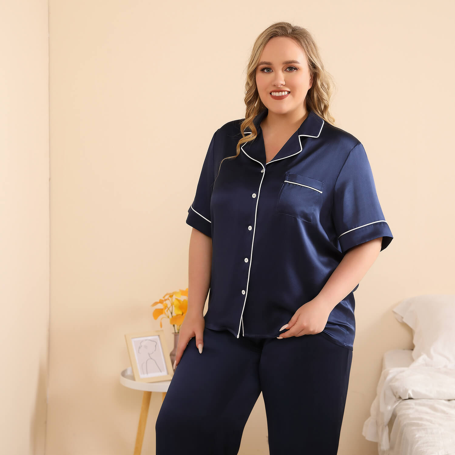 Women Plus Size Silk Pajama Set 100% Washable Silk Pjs Navy Blue 1X