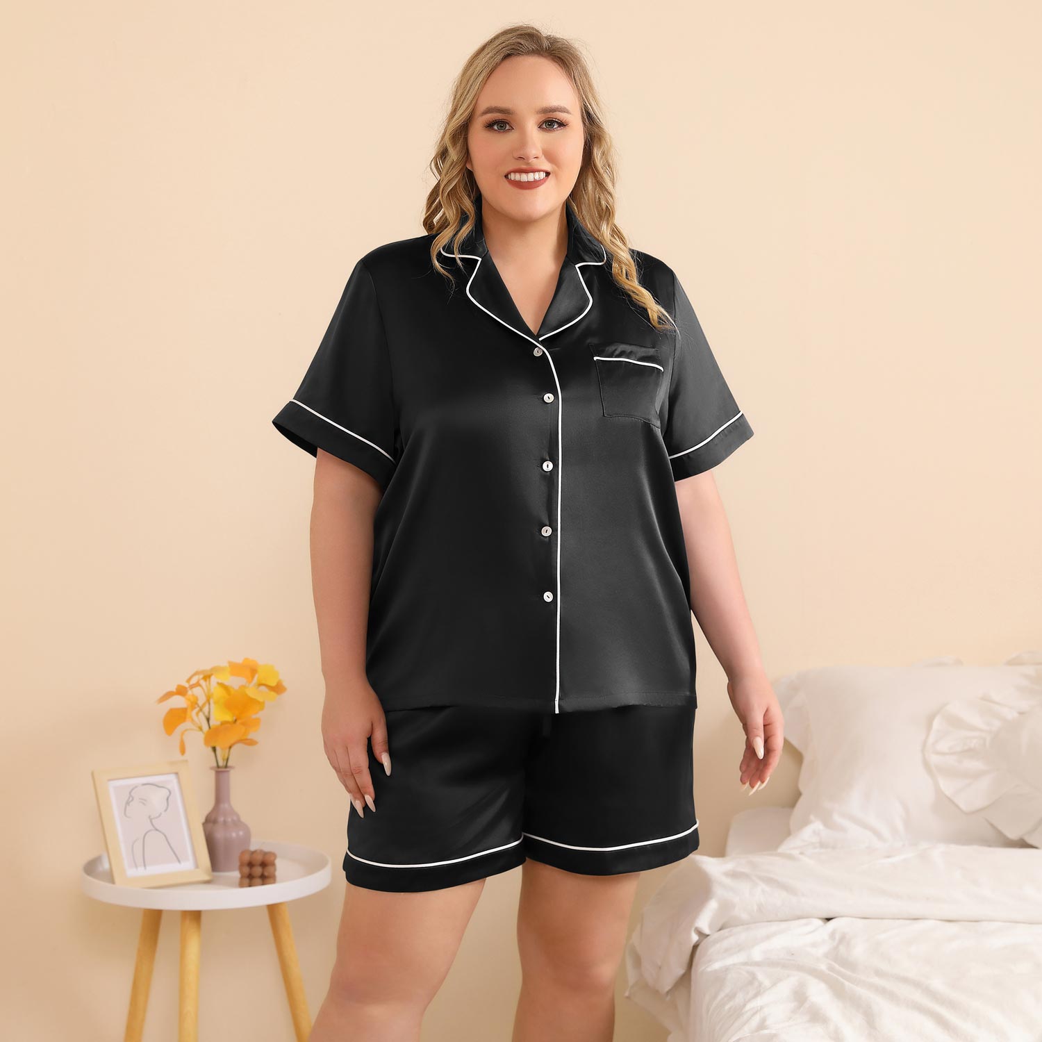 Women Plus Size Silk Pajamas 100% Short Silk Pajama Set Black 3X
