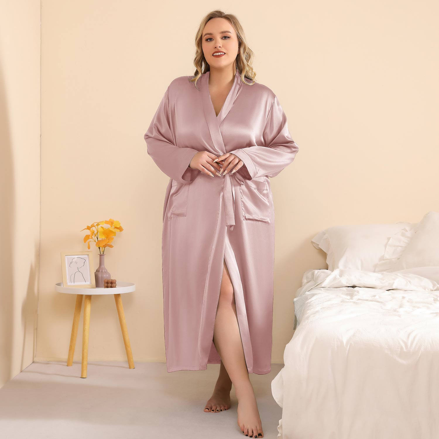 Plus Size Silk Robe Women Long Silk Robe with Belt Silk Kimono Robe Rosy Pink XS