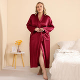 Plus Size Silk Robe Women Long Silk Robe with Belt Silk Kimono Robe Claret XS