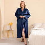 Plus Size Silk Robe Women Long Silk Robe with Belt Silk Kimono Robe Navy Blue XS
