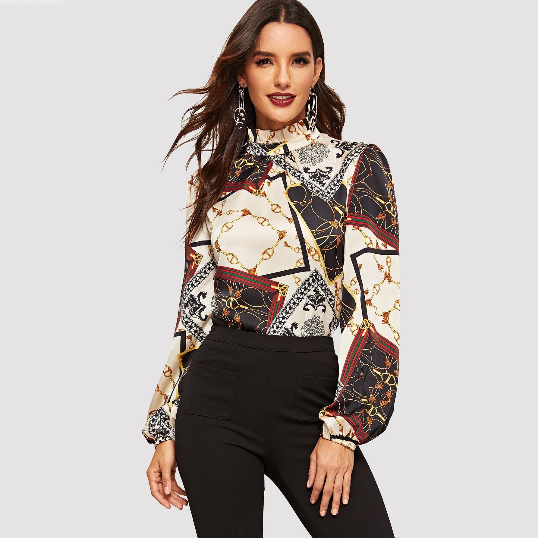 Women Print Silk Blouse Mulberry Office Work Silk Shirts White XS
