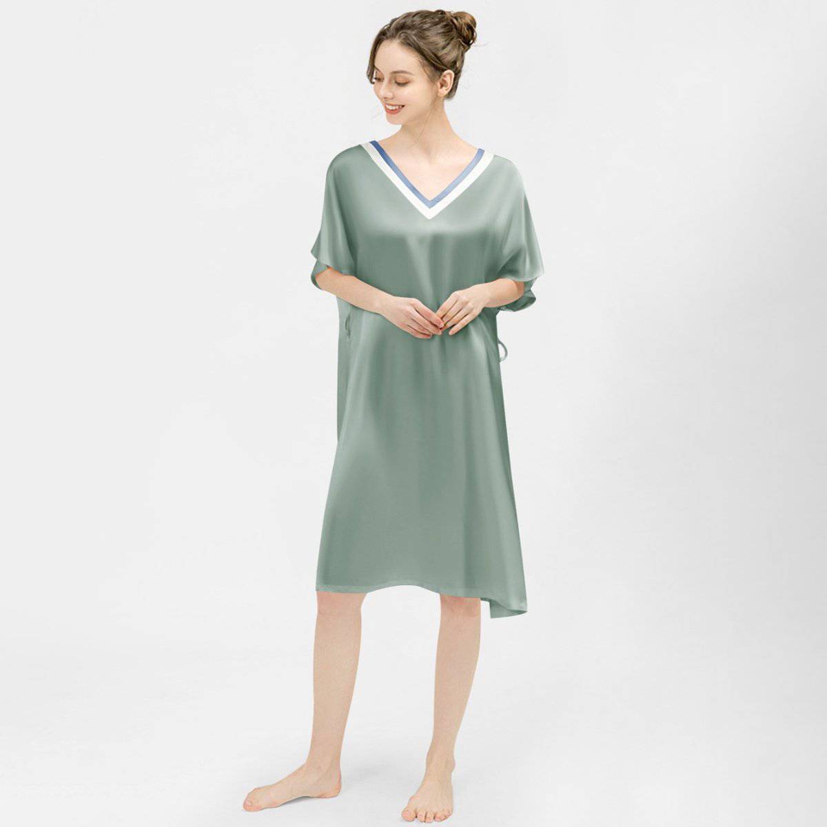 Women Pure Silk Nightdress V Neck 100% Silk Sleepwear Light Green XS