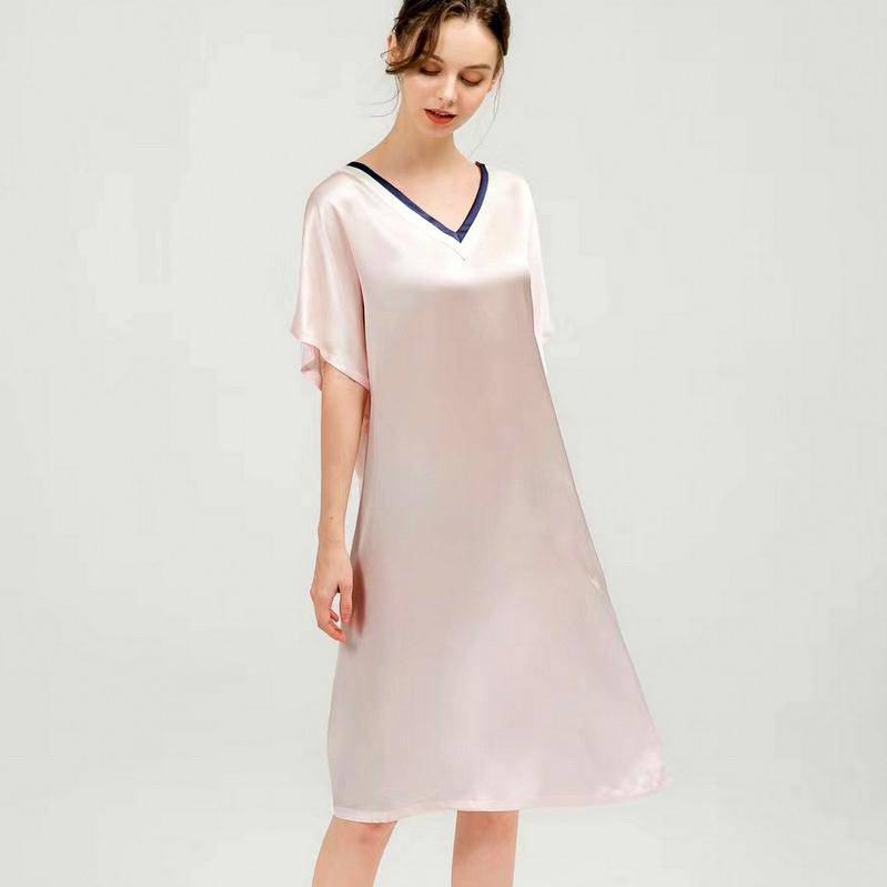 Women Pure Silk Nightdress V Neck 100% Silk Sleepwear Navy Blue XS
