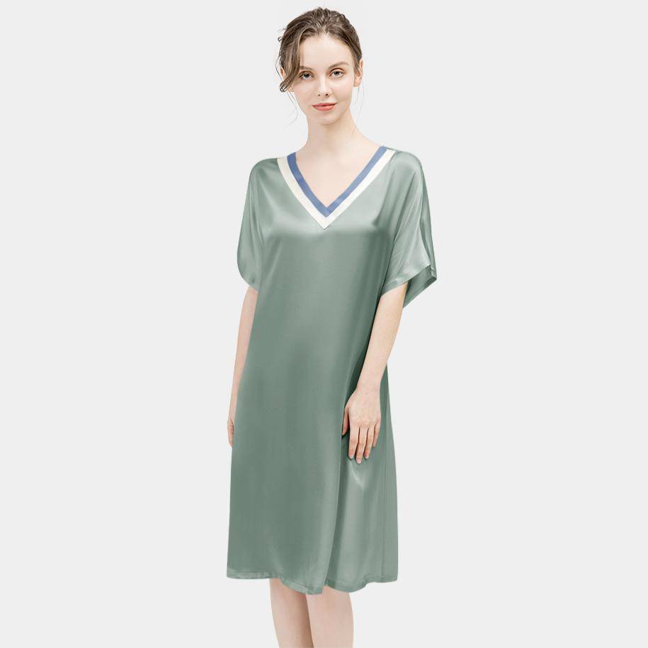 Women Pure Silk Nightdress V Neck 100% Silk Sleepwear Light Green XS