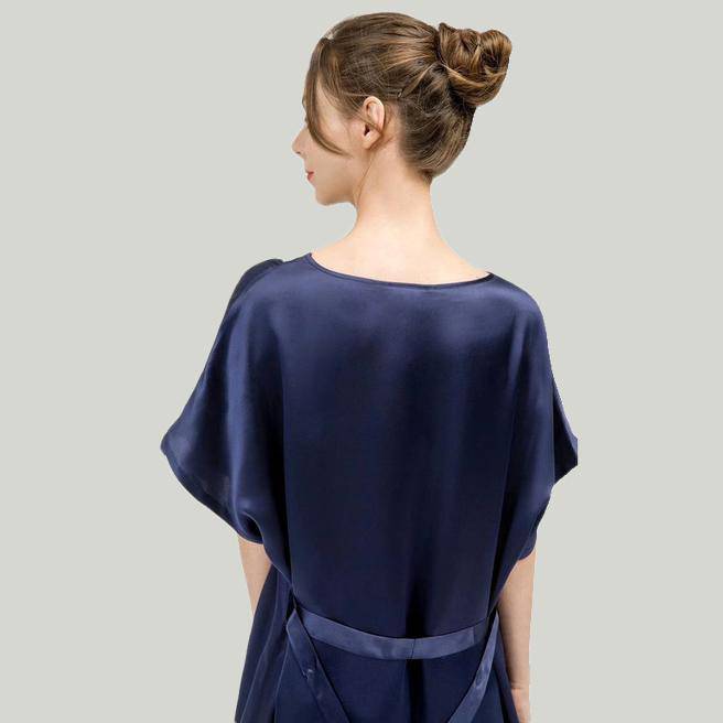 Women Pure Silk Nightdress V Neck 100% Silk Sleepwear Navy Blue XS