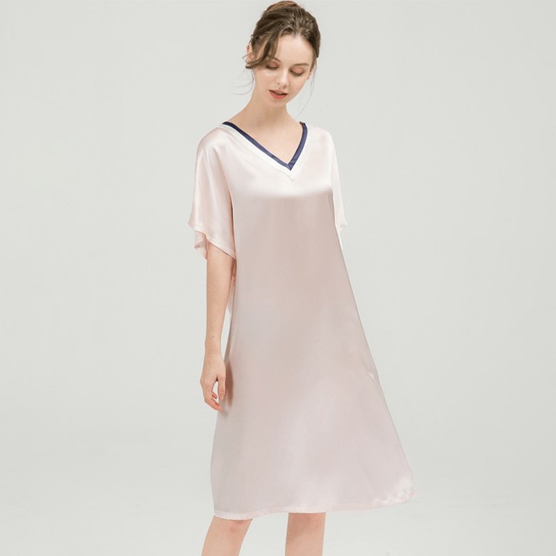 Women Pure Silk Nightdress V Neck 100% Silk Sleepwear Pink XS