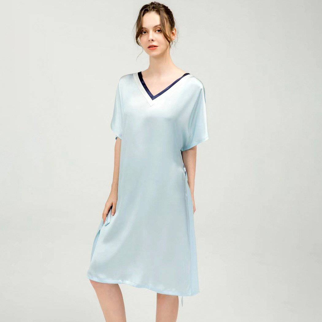 Women Pure Silk Nightdress V Neck 100% Silk Sleepwear Navy Blue XS