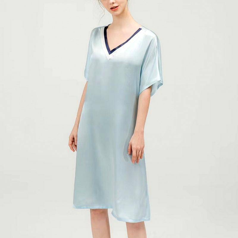 Women Pure Silk Nightdress V Neck 100% Silk Sleepwear Navy Blue XS