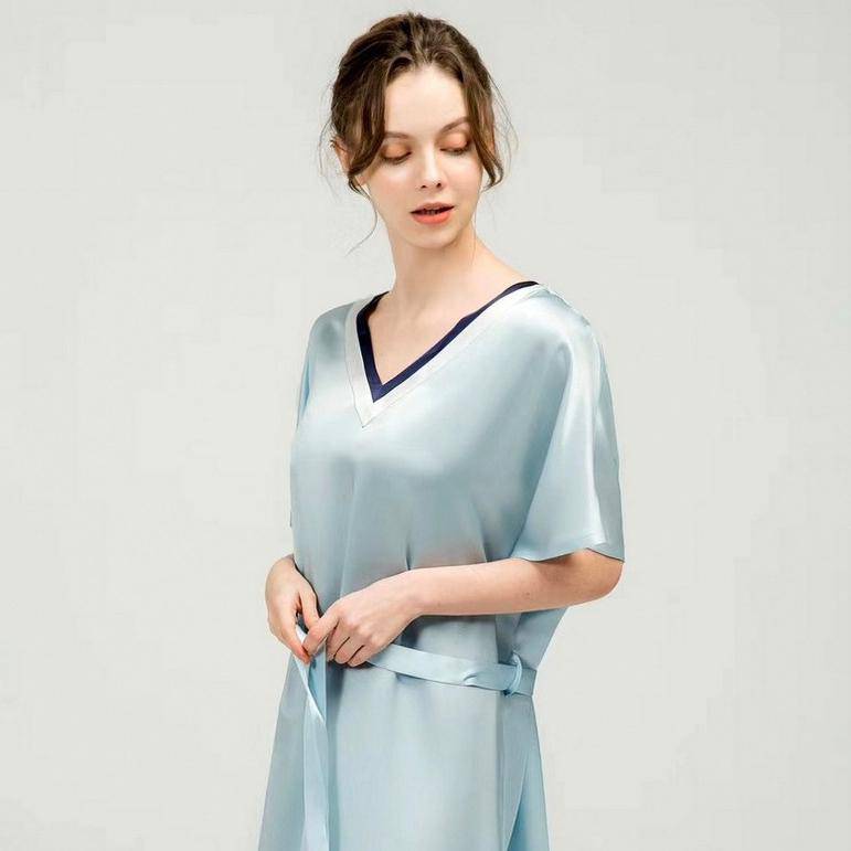 Women Pure Silk Nightdress V Neck 100% Silk Sleepwear Navy Blue XS