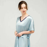 Women Pure Silk Nightdress V Neck 100% Silk Sleepwear Navy Blue XS
