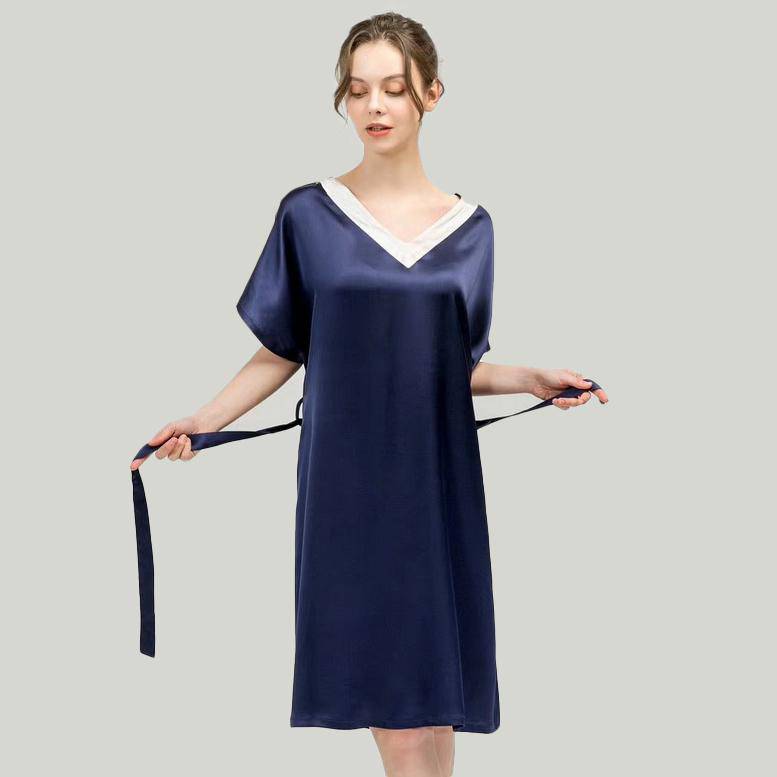 Women Pure Silk Nightdress V Neck 100% Silk Sleepwear Navy Blue XS