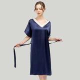 Women Pure Silk Nightdress V Neck 100% Silk Sleepwear Navy Blue XS
