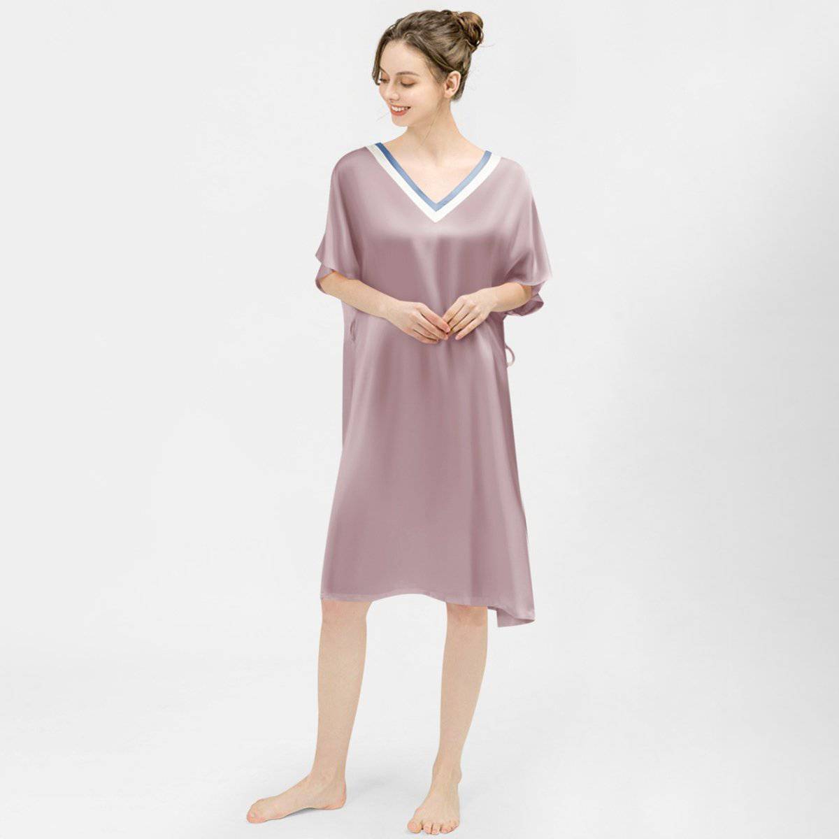Women Pure Silk Nightdress V Neck 100% Silk Sleepwear Rosy Pink XS