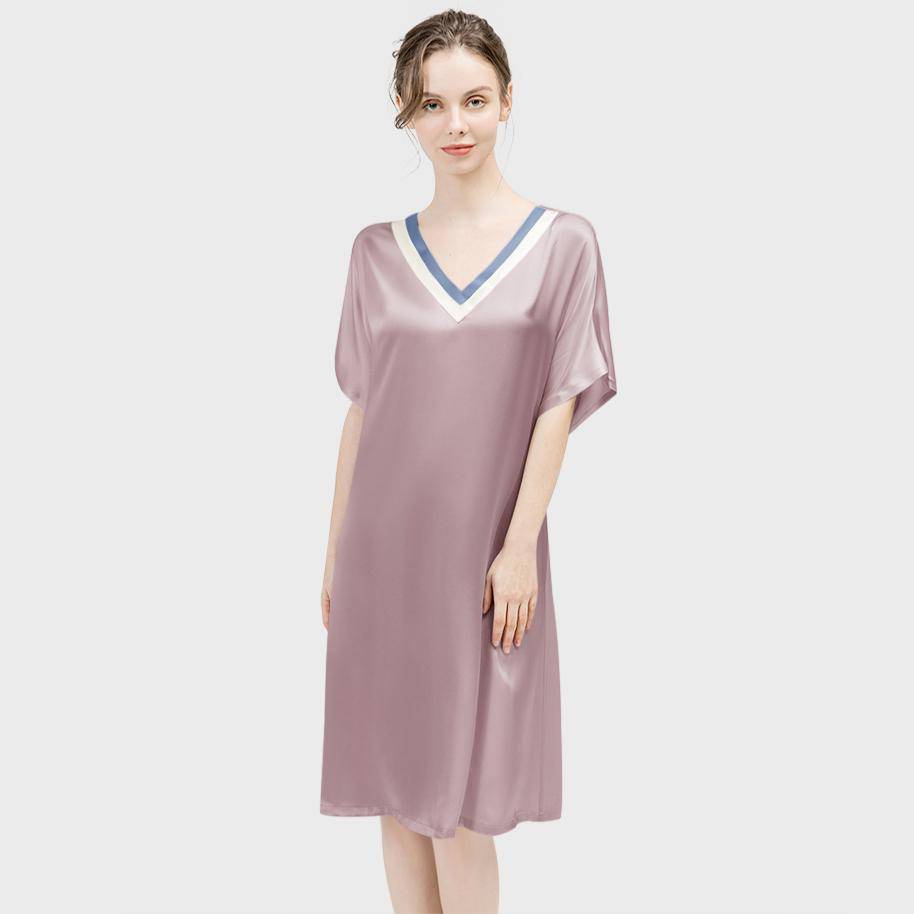 Women Pure Silk Nightdress V Neck 100% Silk Sleepwear Rosy Pink XS