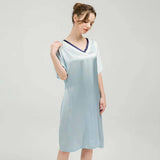 Women Pure Silk Nightdress V Neck 100% Silk Sleepwear Navy Blue XS