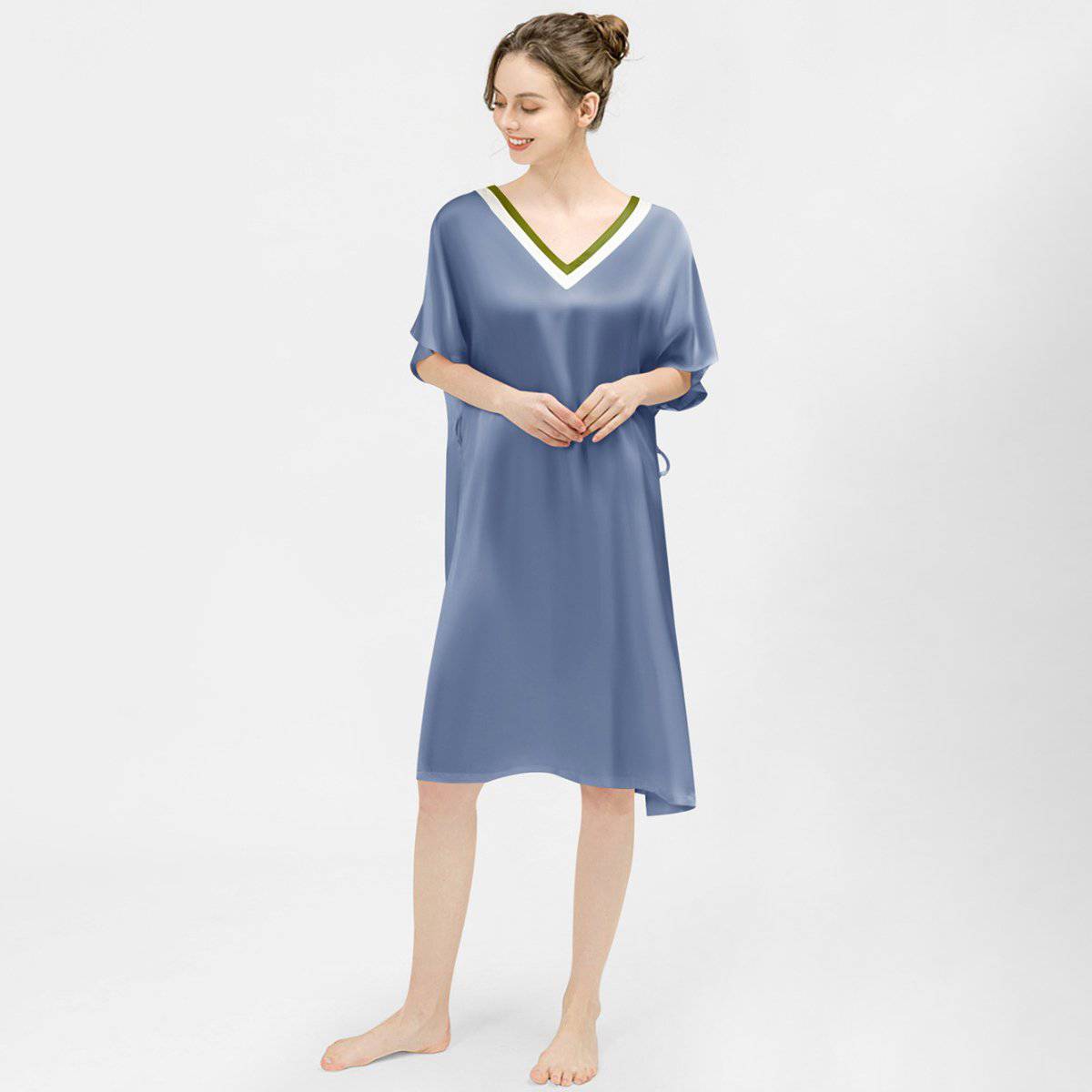 Women Pure Silk Nightdress V Neck 100% Silk Sleepwear Light Green XS