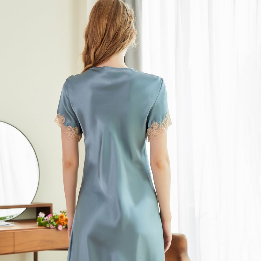 Women Silk Nightgown Lace Trim and Bow Silk Nightdress Silk Night Gown Blue XS