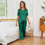 Women Short Sleeve Silk Pajama Sets 100% V Neck Silk Pjs Green XS