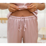 Women Short Sleeve Silk Pajama Sets 100% V Neck Silk Pjs Rosy Pink XS