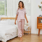 Women Short Sleeve Silk Pajama Sets 100% V Neck Silk Pjs Rosy Pink XS