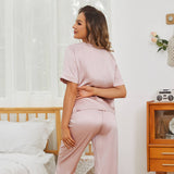 Women Short Sleeve Silk Pajama Sets 100% V Neck Silk Pjs Rosy Pink XS