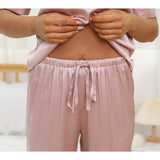 Women Short Sleeve Silk Pajama Sets 100% V Neck Silk Pjs Rosy Pink XS