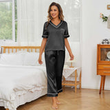 Women Short Sleeve Silk Pajama Sets 100% V Neck Silk Pjs Black XS