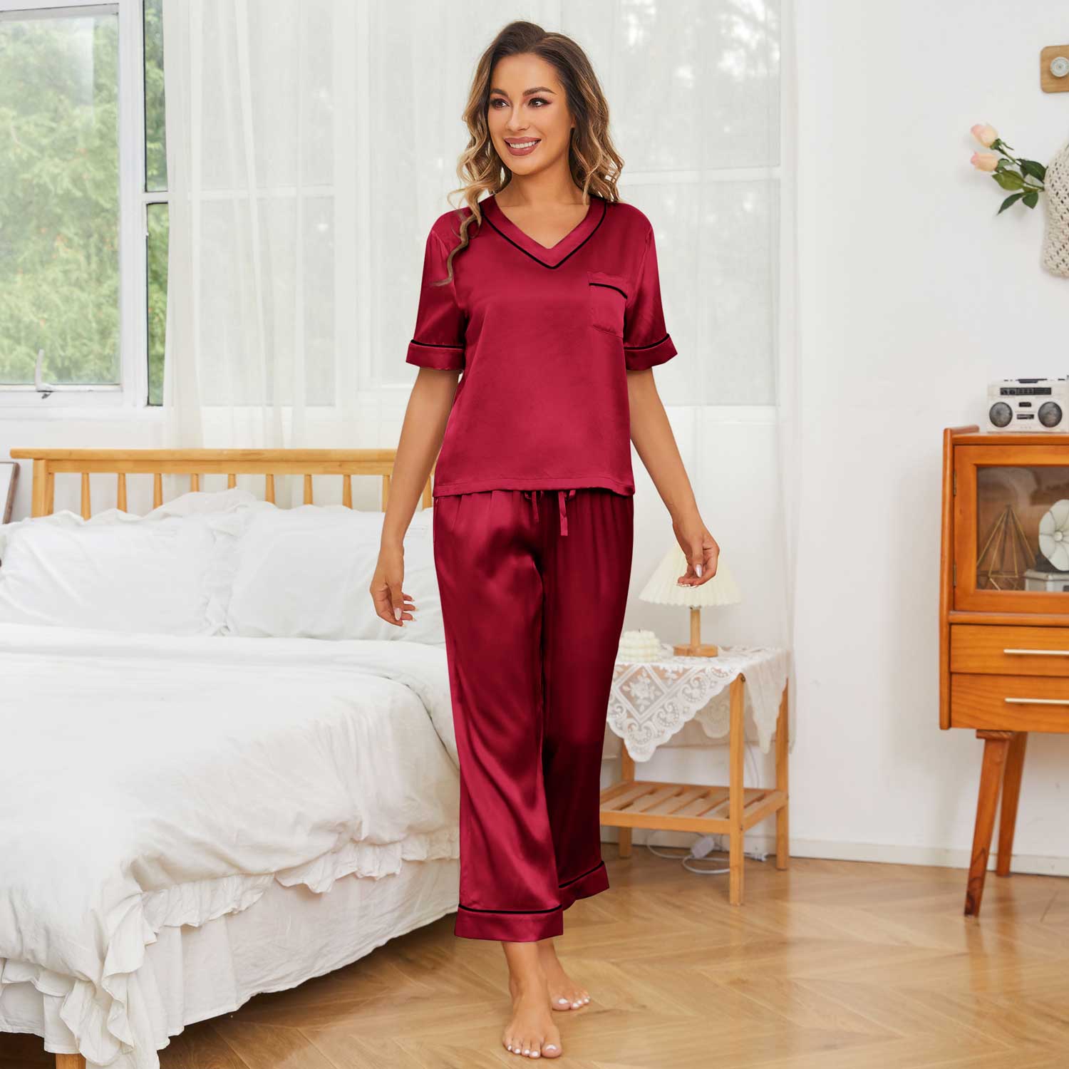 Women Short Sleeve Silk Pajama Sets 100% V Neck Silk Pjs Claret XS