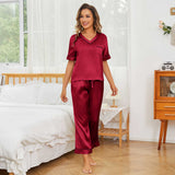 Women Short Sleeve Silk Pajama Sets 100% V Neck Silk Pjs Claret XS