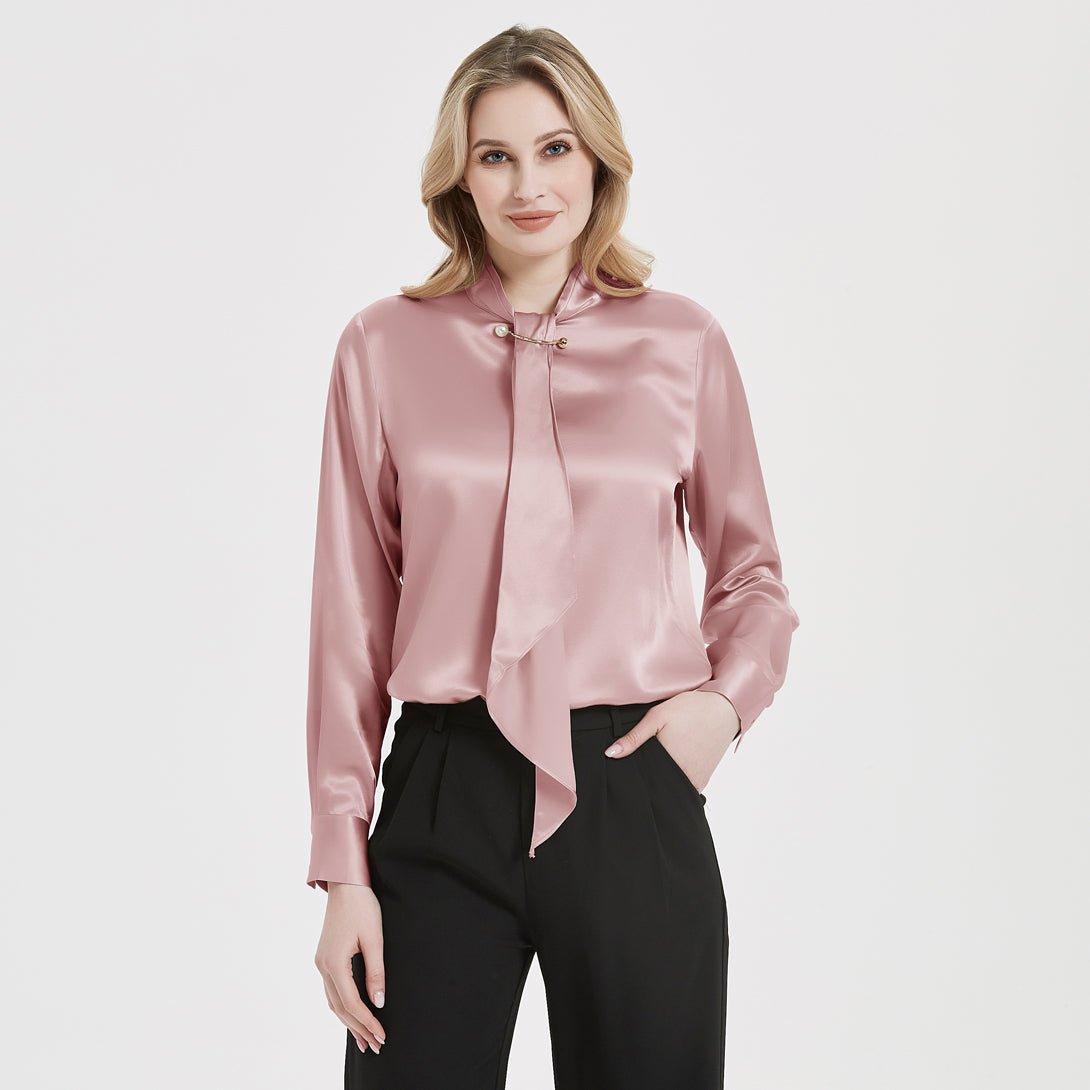 Tie Neck Silk Blouse Long Sleeve Silk Shirt Womens Silk Blouse Rosy Pink XS
