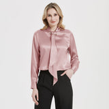 Tie Neck Silk Blouse Long Sleeve Silk Shirt Womens Silk Blouse Rosy Pink XS