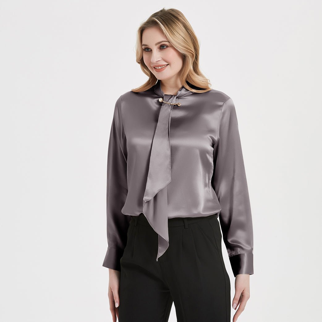 Tie Neck Silk Blouse Long Sleeve Silk Shirt Womens Silk Blouse Dark Gray XS