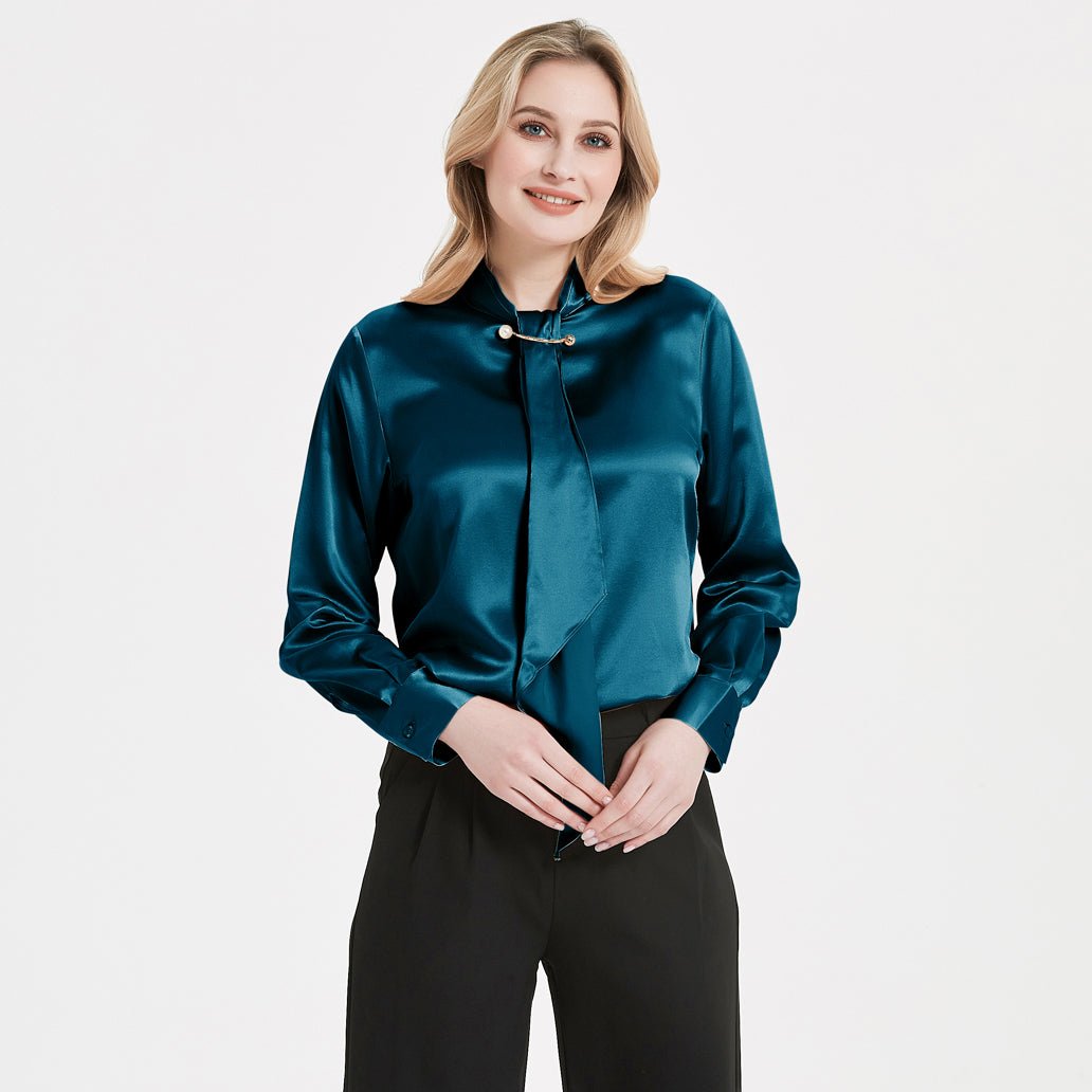 Tie Neck Silk Blouse Long Sleeve Silk Shirt Womens Silk Blouse Dark Teal XS