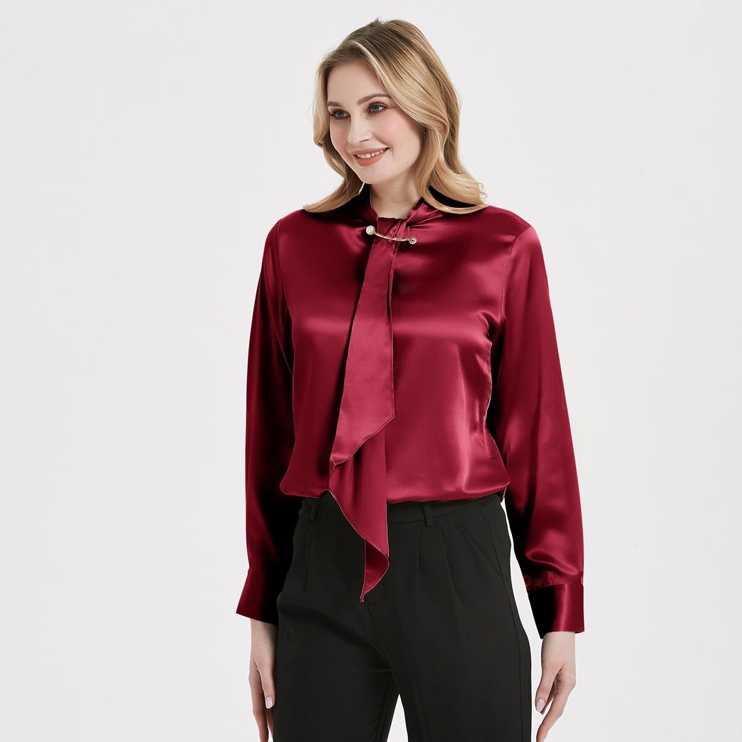 Tie Neck Silk Blouse Long Sleeve Silk Shirt Womens Silk Blouse Claret XS