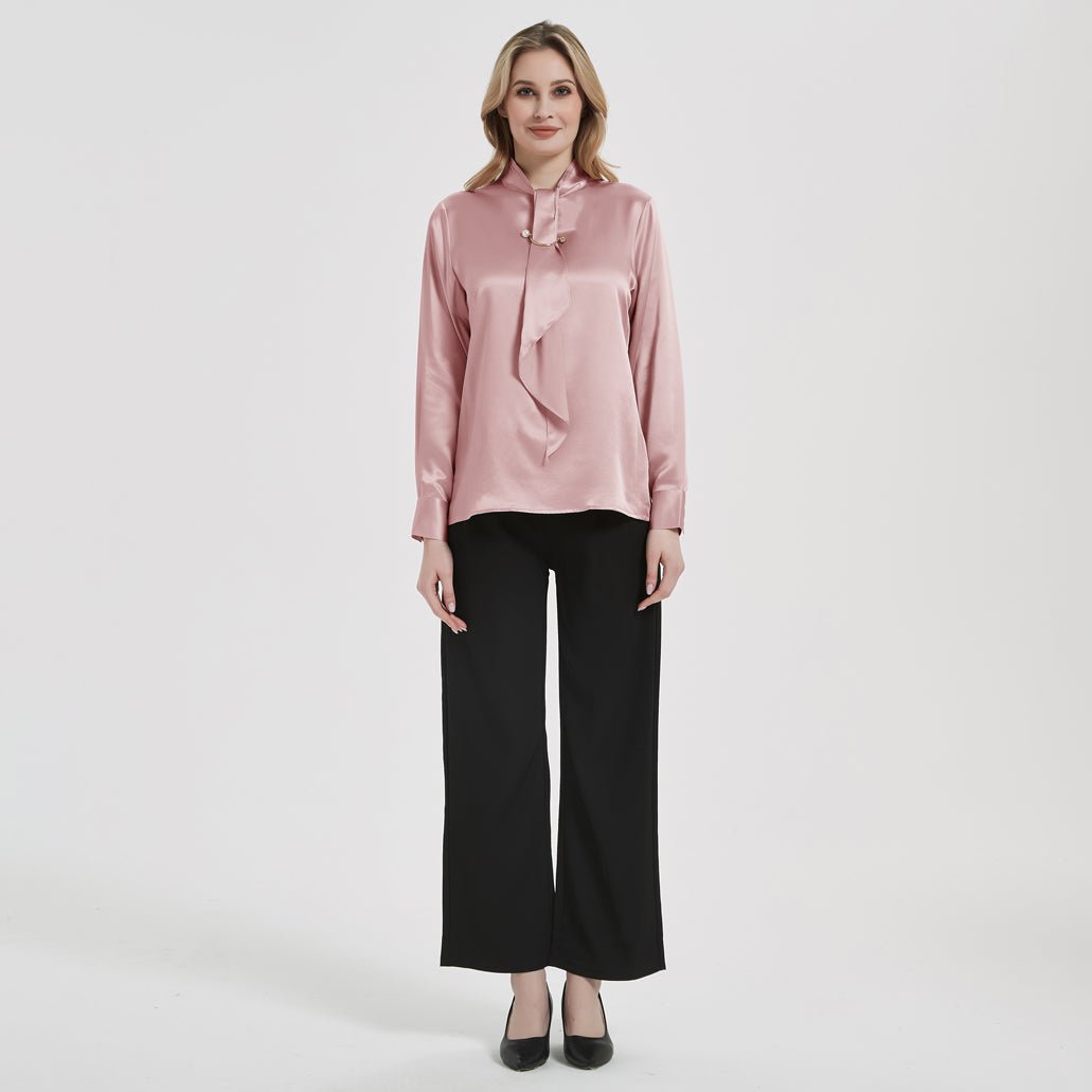 Tie Neck Silk Blouse Long Sleeve Silk Shirt Womens Silk Blouse Rosy Pink XS
