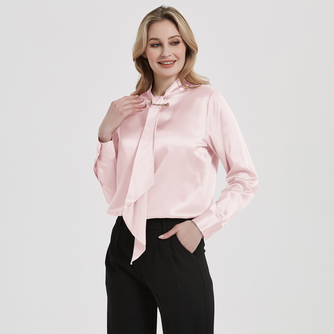 Tie Neck Silk Blouse Long Sleeve Silk Shirt Womens Silk Blouse Rosy Pink XS