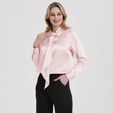 Tie Neck Silk Blouse Long Sleeve Silk Shirt Womens Silk Blouse Rosy Pink XS